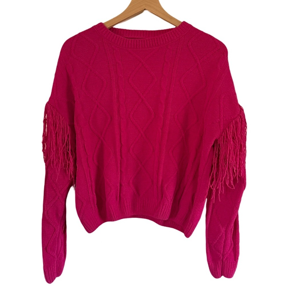 Witty Fox Fringe Cable Knit Sweater – Hot Pink | Size M